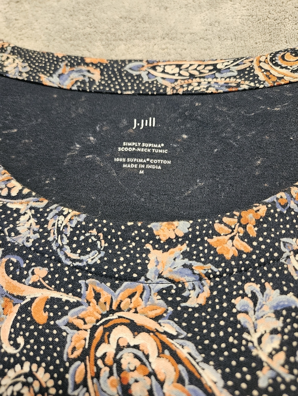 J Jill Paisley Floral Simply Supima Scoop Neck 3/4 Sleeve Tunic Top Size M